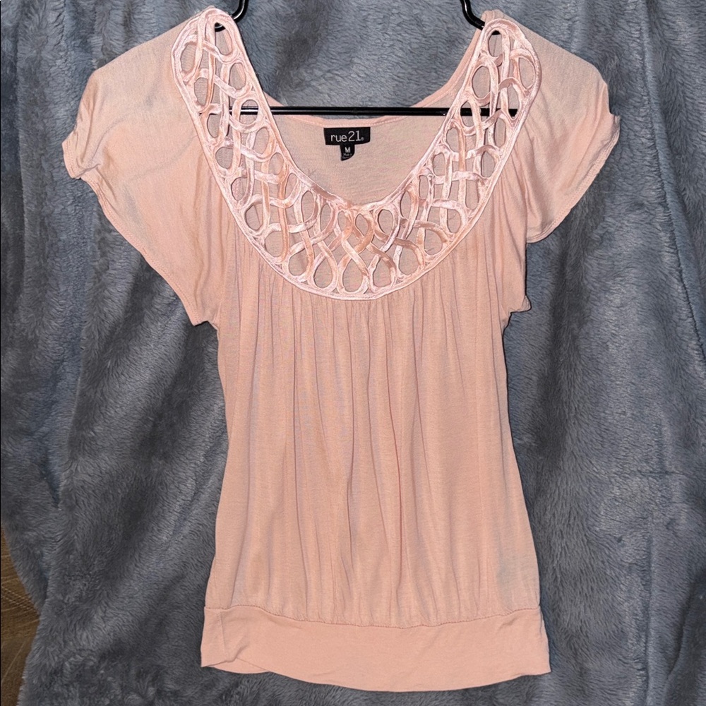 Rue21 Blush Pink Blouse with Crochet Neckline Medium